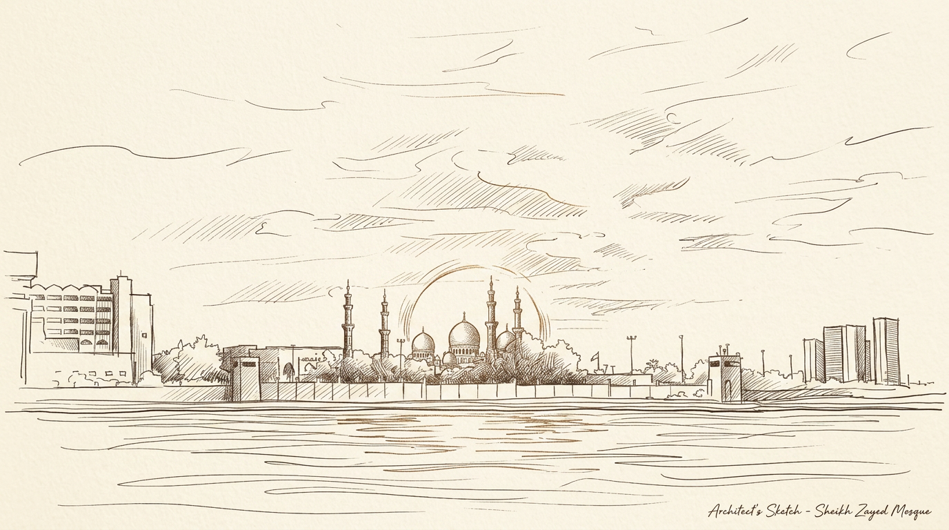 Hand-drawn sketch of Sheikh Zayed Grand Mosque, Abu Dhabi